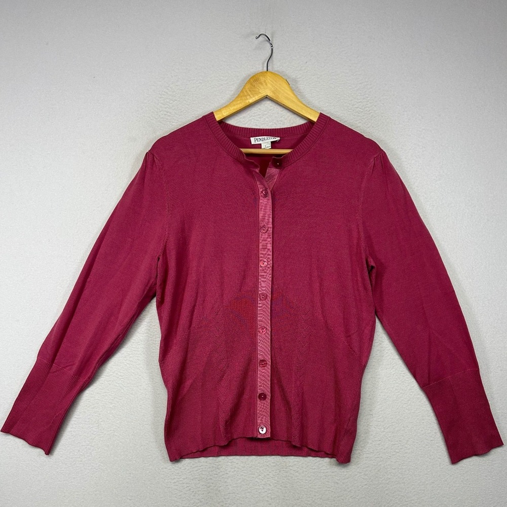 Quiet Luxury Pendleton Womens Large Berry Pink Silk Blend Button Front‎ Cardigan